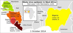 Casos de ébola en África Occidental hasta el 1 de octubre de 2014 - Imagen de Dominio Público realizada por Mikael Haggstrom
