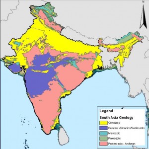 Geología de India. En morado: rocas volcánicas de las "Deccan Trapps" - Dominio Público