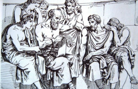 Socrates y sus discipulos grabado segun pintura de Pinelli