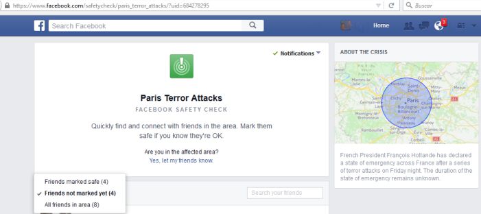 Búsqueda Facebook Amigos A Salvo Ataques terroristas París Noviembre 2015